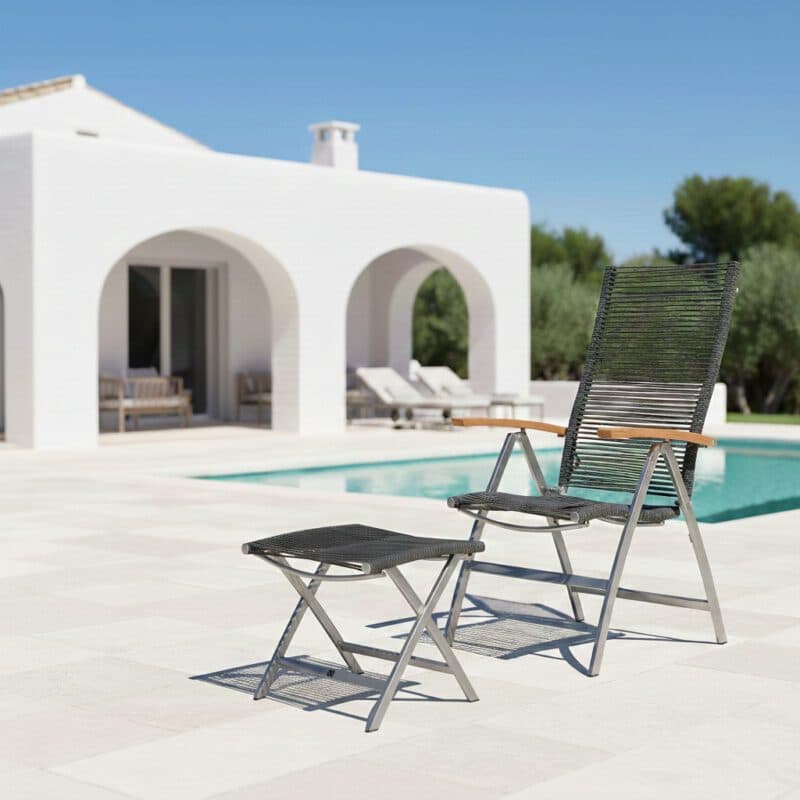 CASA DOMA "Mineo" Fußhocker und Klappsessel, Gestell Edelstahl gebürstet, Rope anthrazit (Bild KI-generiert)