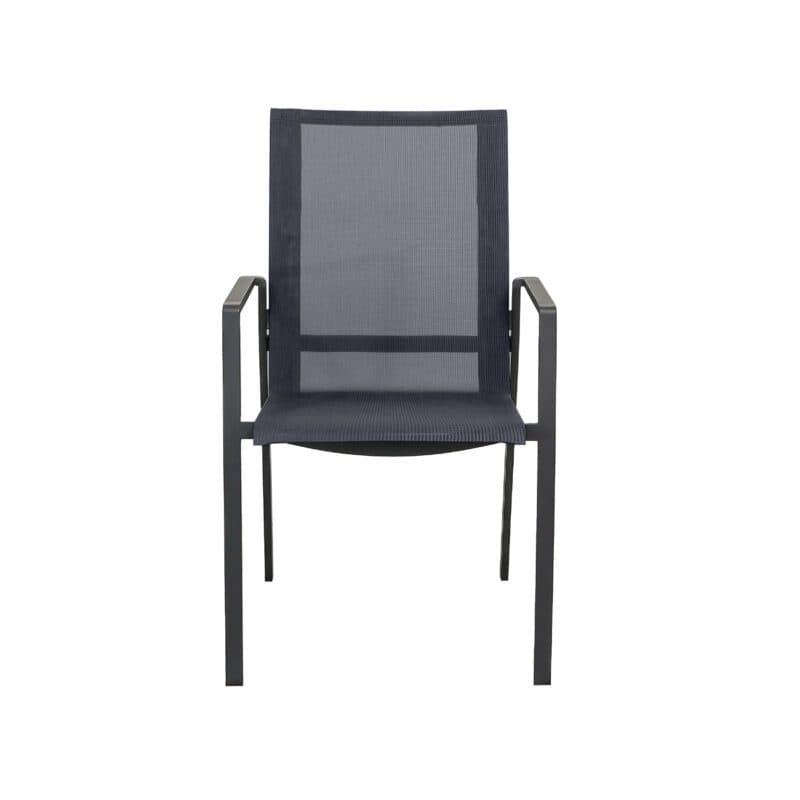 CASA DOMA "Mineo" Stapelstuhl, Gestell Edelstahl anthrazit, Sitzfläche Textilgewebe Sunproof® Sling schwarz/silber, Armlehnen Aluminium schwarz