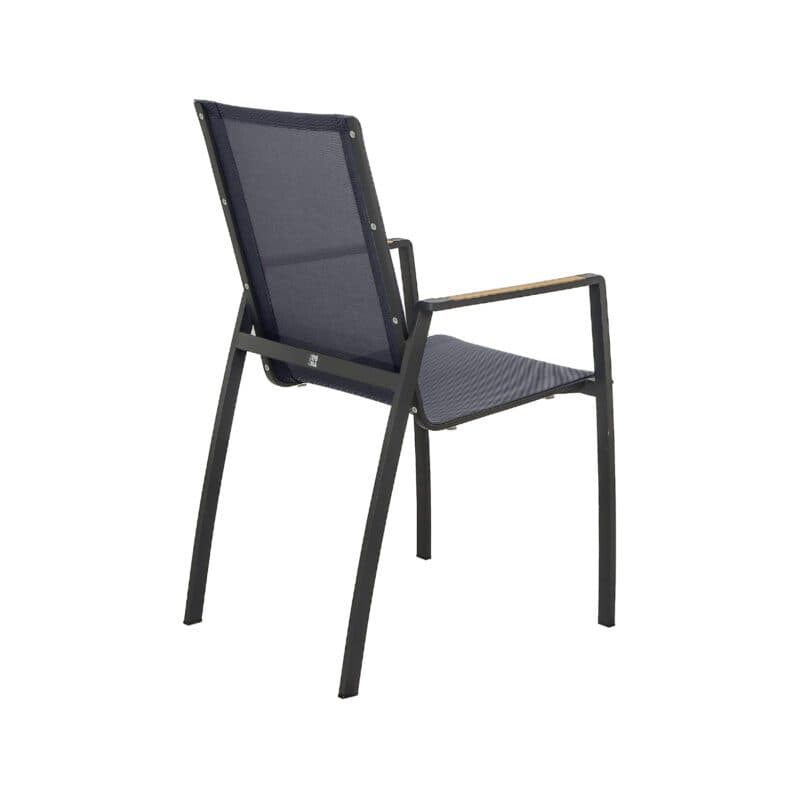 CASA DOMA "Mineo" Stapelstuhl, Gestell Edelstahl anthrazit, Sitzfläche Textilgewebe Sunproof® Sling schwarz/silber, Armlehnen Teak