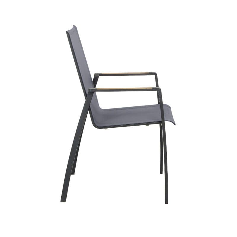 CASA DOMA "Mineo" Stapelstuhl, Gestell Edelstahl anthrazit, Sitzfläche Textilgewebe Sunproof® Sling schwarz/silber, Armlehnen Teak