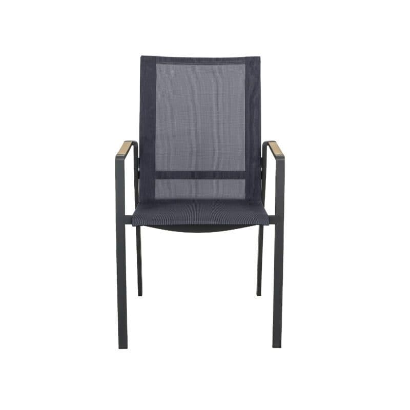 CASA DOMA "Mineo" Stapelstuhl, Gestell Edelstahl anthrazit, Sitzfläche Textilgewebe Sunproof® Sling schwarz/silber, Armlehnen Teak