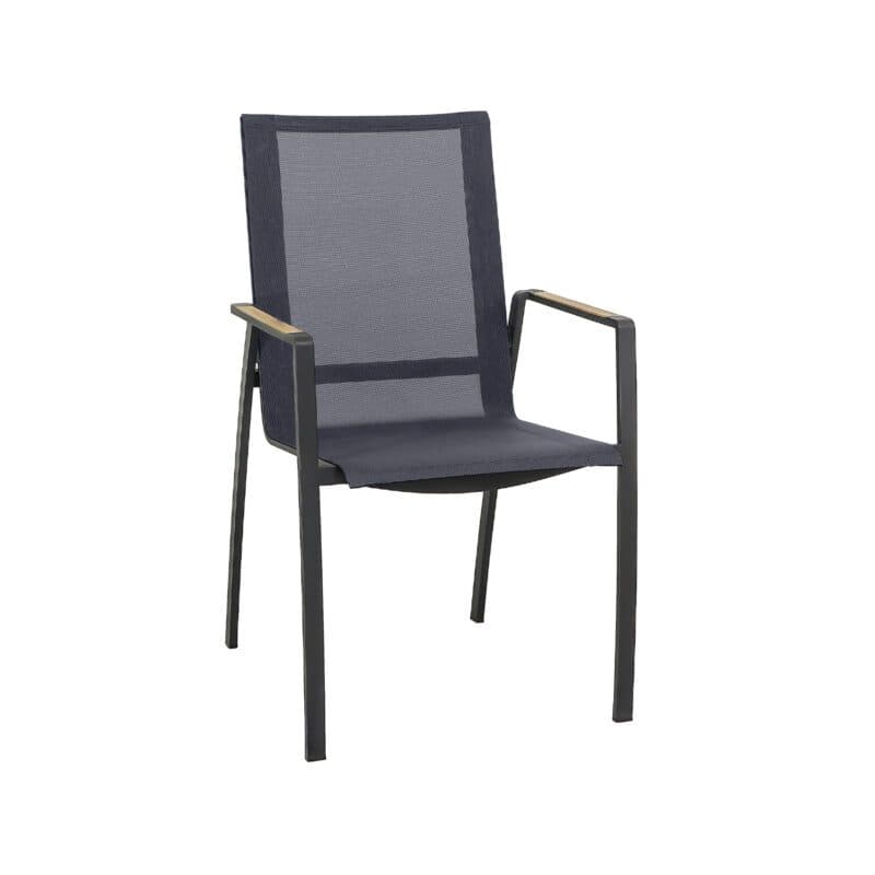 CASA DOMA "Mineo" Stapelstuhl, Gestell Edelstahl anthrazit, Sitzfläche Textilgewebe Sunproof® Sling schwarz/silber, Armlehnen Teak
