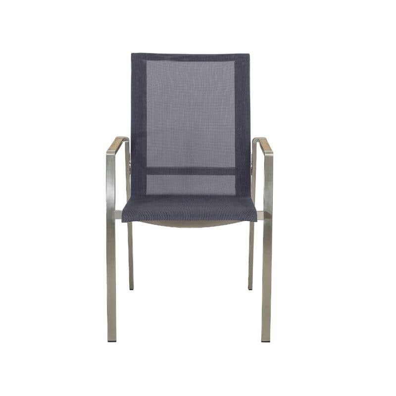 CASA DOMA "Mineo" Stapelstuhl, Gestell Edelstahl gebürstet, Sitzfläche Textilgewebe Sunproof® Sling schwarz/silber, Armlehnen Teak