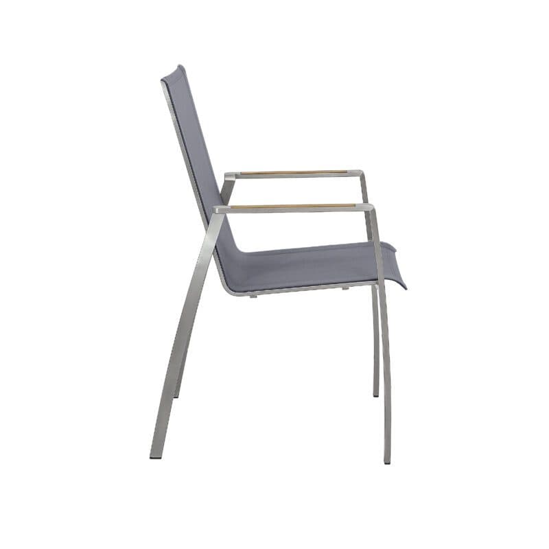 CASA DOMA "Mineo" Stapelstuhl, Gestell Edelstahl gebürstet, Sitzfläche Textilgewebe Sunproof® Sling schwarz/silber, Armlehnen Teak