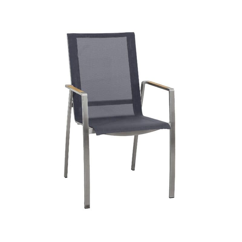 CASA DOMA "Mineo" Stapelstuhl, Gestell Edelstahl gebürstet, Sitzfläche Textilgewebe Sunproof® Sling schwarz/silber, Armlehnen Teak