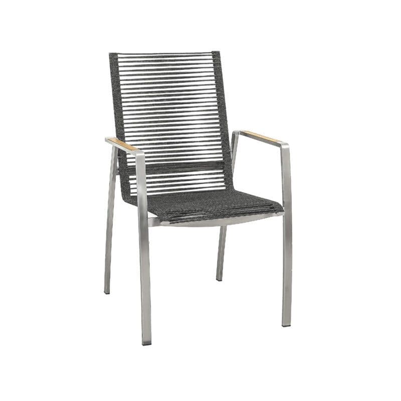 CASA DOMA "Mineo" Stapelstuhl, Edelstahl gebürstet, Bespannung Rope anthrazit, Armlehnen Teak