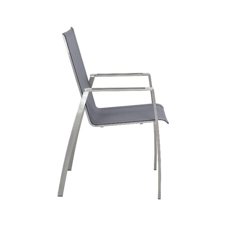 CASA DOMA "Mineo" Stapelstuhl, Gestell Edelstahl gebürstet, Sitzfläche Textilgewebe Sunproof® Sling schwarz/silber, Armlehnen Aluminium anthrazit