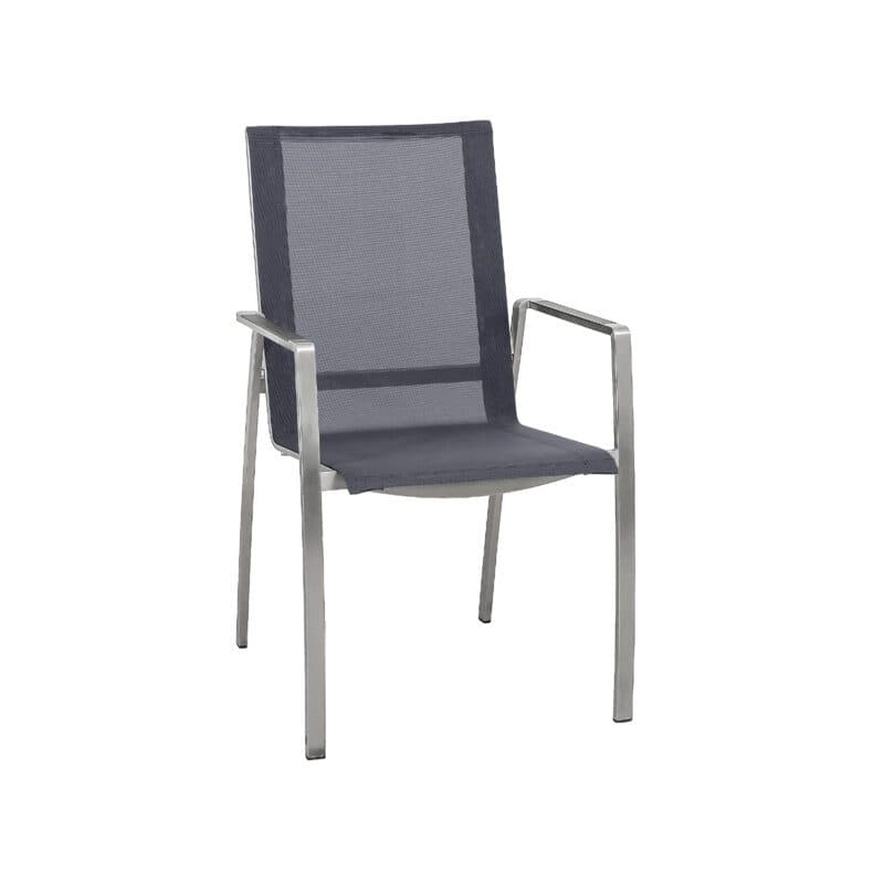 CASA DOMA "Mineo" Stapelstuhl, Gestell Edelstahl gebürstet, Sitzfläche Textilgewebe Sunproof® Sling schwarz/silber, Armlehnen Aluminium anthrazit