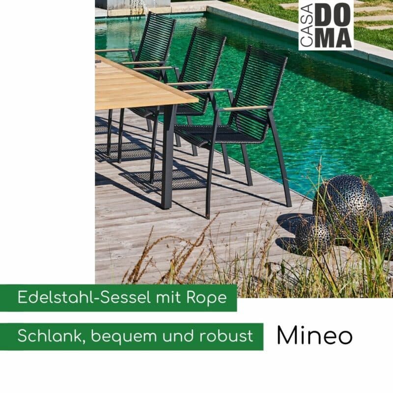 CASA DOMA "Mineo" Stapelsessel, Edelstahl anthrazit/Rope mit Teak-Armlehnen