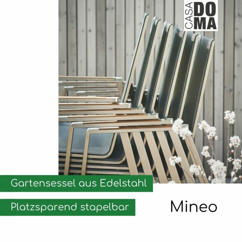 CASA DOMA "Mineo" Stapelsessel, Edelstahl mit Teak- oder Aluminium-Armlehnen (Bild KI-generiert)