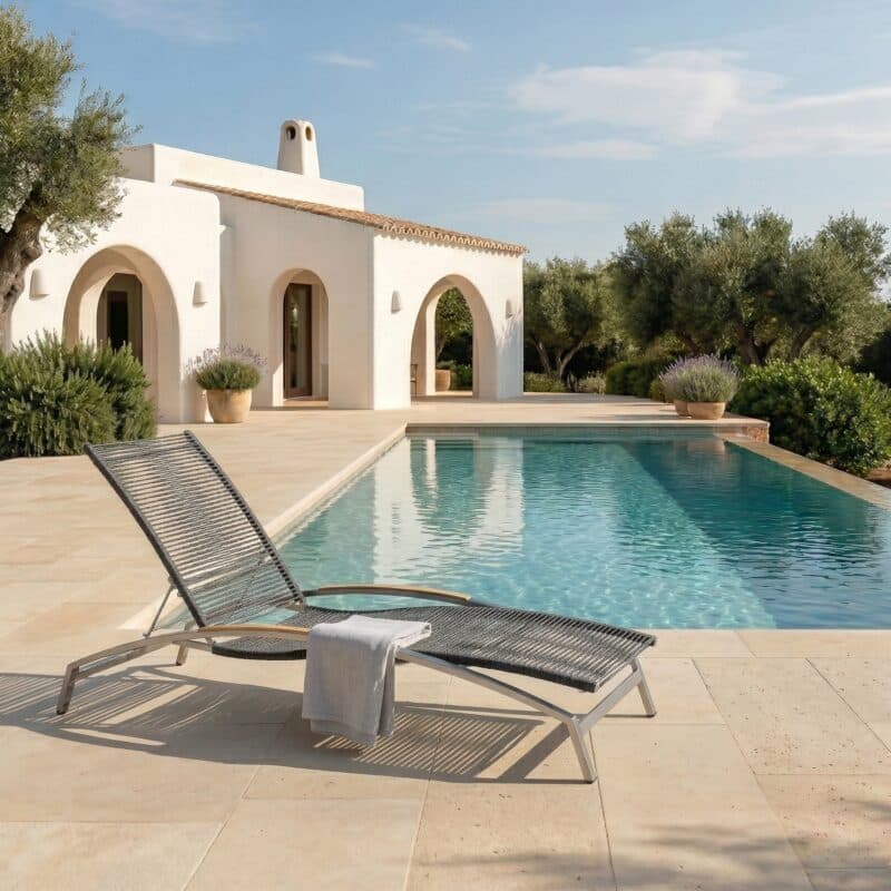 CASA DOMA "Mineo" Sonnenliege, Gestell Edelstahl gebürstet, Liegefläche Rope anthrazit, Armlehnen Teak (Bild KI-generiert)