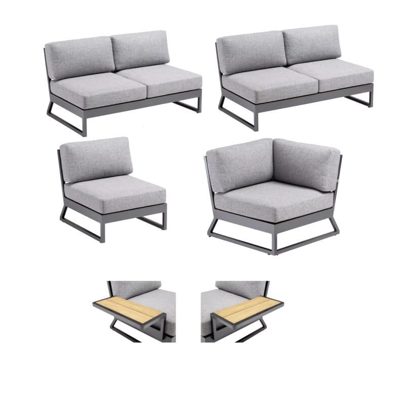 Kettler "Ocean Skid Platform" Loungeset 4-teilig, Alu anthrazit, Bezug Olefin hellgrau meliert plus Universalablagen