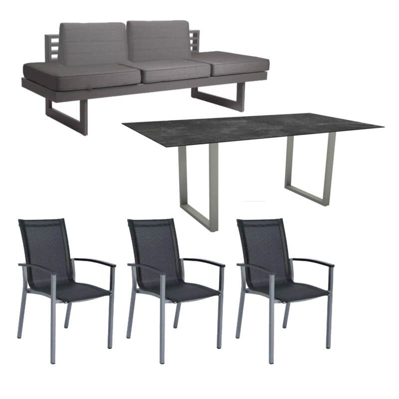 Stern "Evoee/New Holly Dining" Set mit Tisch 200x100 cm, Gestell Aluminium graphit, Polster schiefergrau, Sitzfläche Stuhl Textil silbergrau, Tischplatte HPL Slate