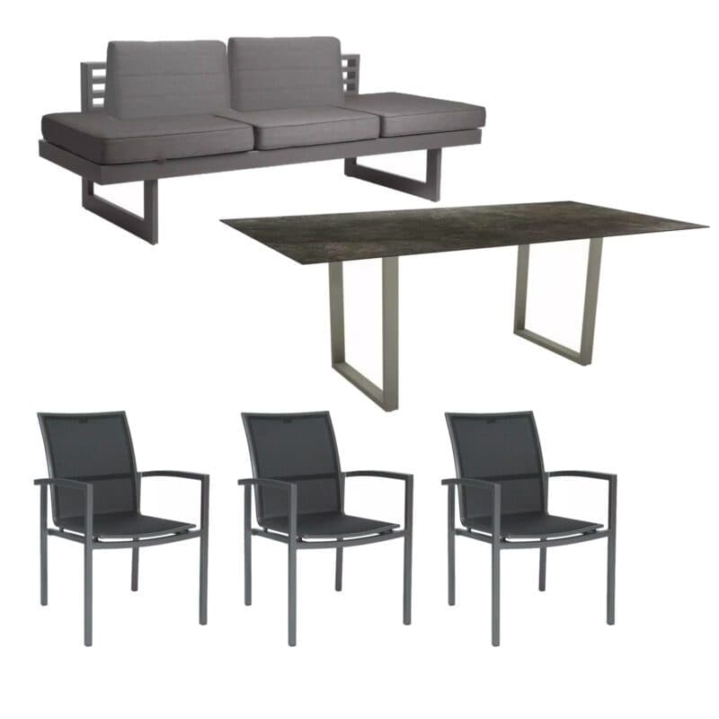 Stern Gartenmöbel-Set mit Bank "New Holly Dining", Stapelsessel "Skelby" und Kufentisch 200x100 cm, Gestelle Aluminium graphit, Polster schiefergrau, Tischplatte HPL dark marble