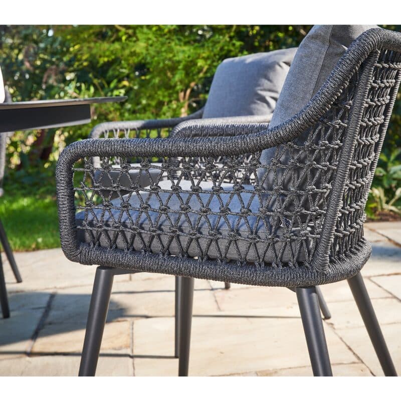 CASA DOMA "Rosano/Ribera" Diningset 7-tlg, Gestelle Edelstahl anthrazit, Diningsessel L-Form, Rundrohr-Beine, Sitz Rope anthrazit (Knoten), Kissen Tuvatextil® Panama grafito, Tischplatte HPL Chromix silber