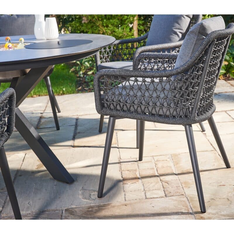 CASA DOMA "Rosano/Ribera" Diningset 7-tlg, Gestelle Edelstahl anthrazit, Diningsessel L-Form, Rundrohr-Beine, Sitz Rope anthrazit (Knoten), Kissen Tuvatextil® Panama grafito, Tischplatte HPL Chromix silber