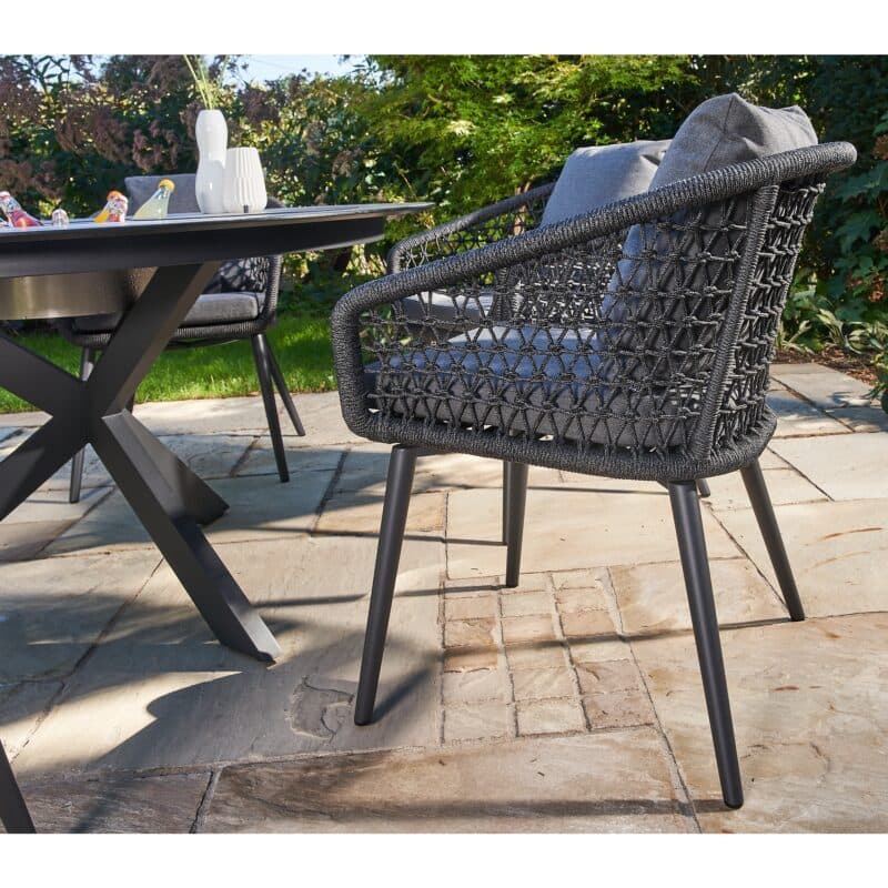 CASA DOMA "Rosano/Ribera" Diningset 7-tlg, Gestelle Edelstahl anthrazit, Diningsessel Rundform, Rundrohr-Beine, Sitz Rope anthrazit (Knoten), Kissen Tuvatextil® Panama grafito, Tischplatte HPL Chromix silber