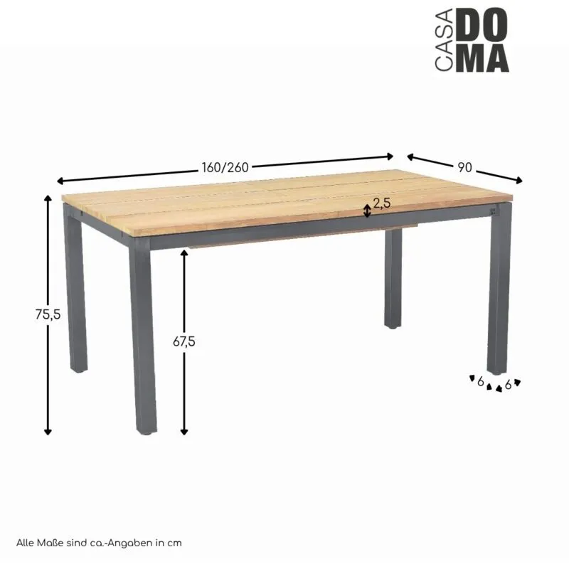 CASA DOMA "Varano" Ausziehtisch 160/260 × 90 cm, Maße in cm