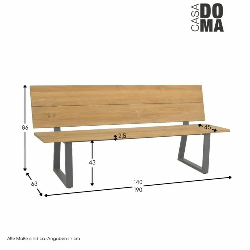 CASA DOMA "Varano" Gartenbank 140/190 cm, mit Lehne, Maße in cm
