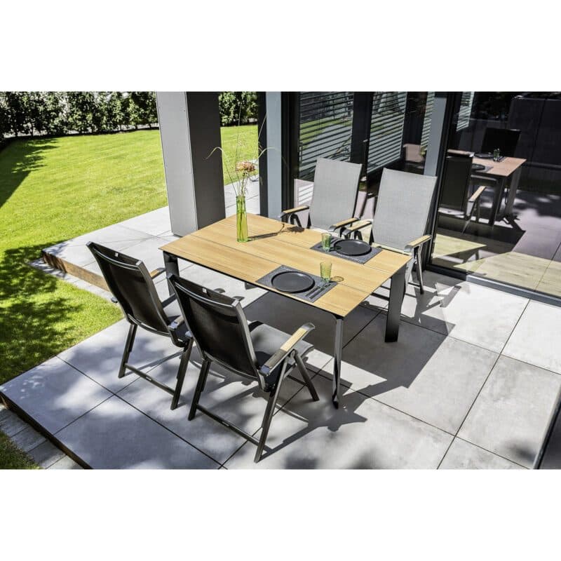 Kettler Gartenmöbel-Set "Diamond" mit 4x Klappsessel Textilgewebe charcoal und Gartentisch 160x95cm, Alu anthrazit, Tischplatte HPL Teak-Optik mit Fräsung