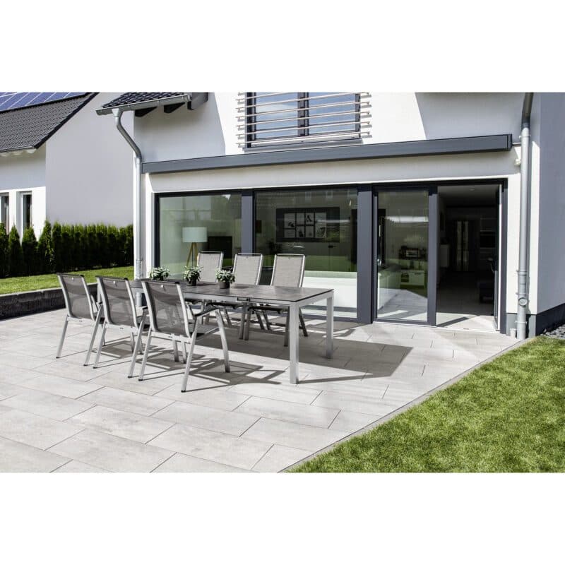 Kettler Gartenmöbel-Set mit Klappsessel und Stapelstuhl "Forma" und Ausziehtisch "Cubic" 160/220/280x95 cm, Alu silber, HPL anthrazit