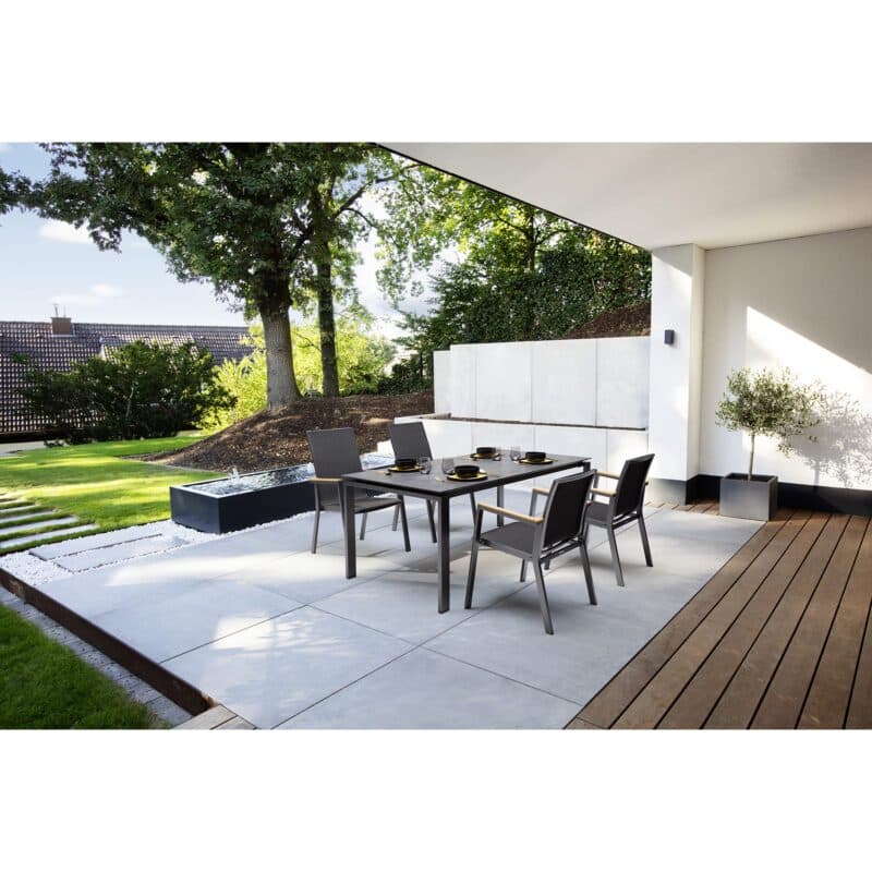 Kettler Gartenmöbel-Set mit 2x Stapelsessel und 2x Stapelsessel hoch "Rasmus" und Tisch "Float" 160x95 cm, Alu anthrazit, Tischplatte HPL