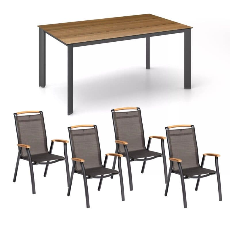 Kettler "Memphis" Stapelsessel, Aluminium anthrazit, Sitzfläche Textilgewebe bronze, Armlehnen Teak, "Edge" Gartentisch 160x95 cm, Aluminium anthrazit, Tischplatte HPL Teak-Optik mit Fräsung