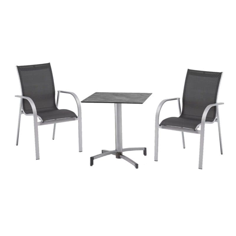 Kettler Bistro-Set mit "Tampa" Stapelsessel und "Tube" Klapptisch, Gestelle Alu silber, Sitzfläche Textilgewebe anthrazit, Tischplatte HPL anthrazit, quadratisch