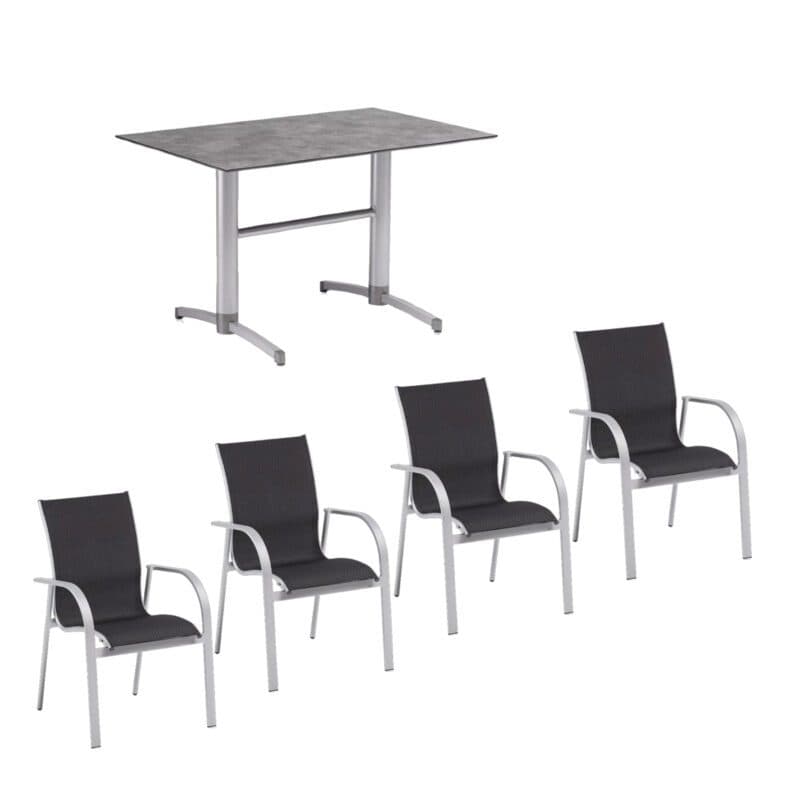 Kettler Bistro-Set mit "Tampa" Stapelsessel und "Tube" Klapptisch, Gestelle Alu silber, Sitzfläche Textilgewebe charcoal, Tischplatte HPL anthrazit, 120x80 cm