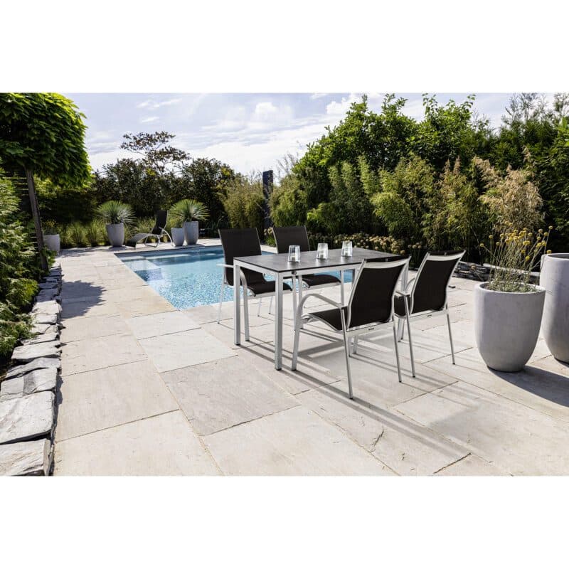 Kettler Gartenmöbel-Set mit Stapelstuhl "Tampa" und Ausziehtisch "Cubic" 140/175/210x70 cm, Alu silber, Tischplatte HPL