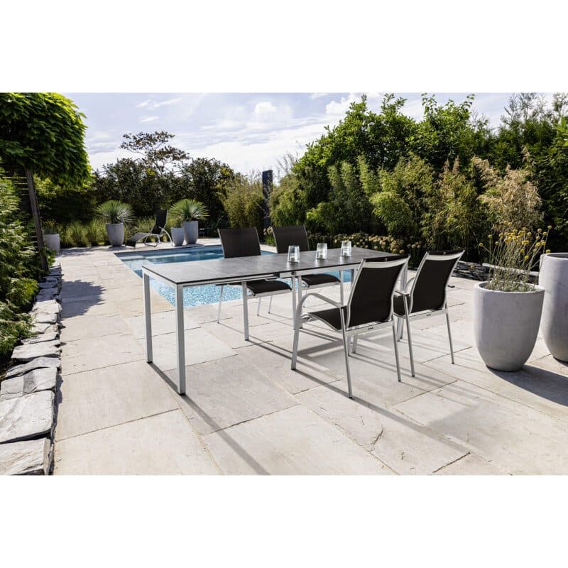 Kettler Gartenmöbel-Set mit Stapelstuhl "Tampa" und Ausziehtisch "Cubic" 140/175/210x70 cm, Alu silber, Tischplatte HPL