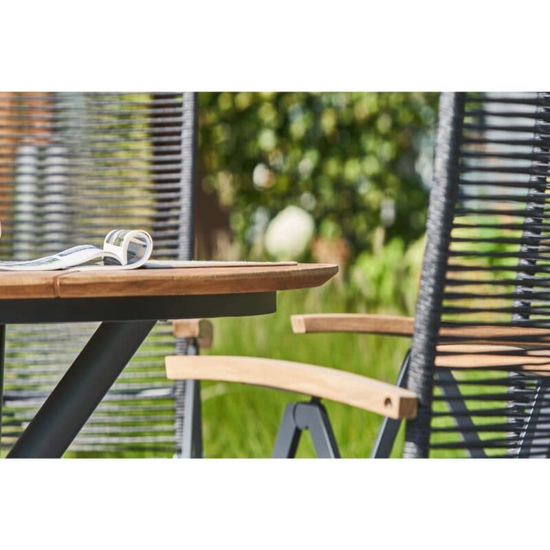 CASA DOMA "Mineo/Perano" Gartenmöbel-Set 5-tlg., Gestelle Edelstahl anthrazit, Sitzfläche Rope anthrazit, Armlehnen Teak, Tischplatte Teak, Ø 120 cm