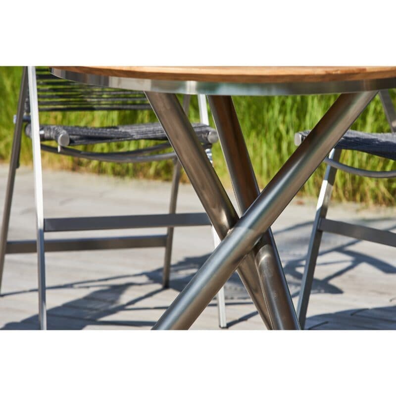 CASA DOMA "Mineo/Perano" Gartenmöbel-Set 5-tlg., Gestelle Edelstahl gebürstet, Sitzfläche Rope anthrazit, Armlehnen Teak, Tischplatte Teak, Ø 120 cm