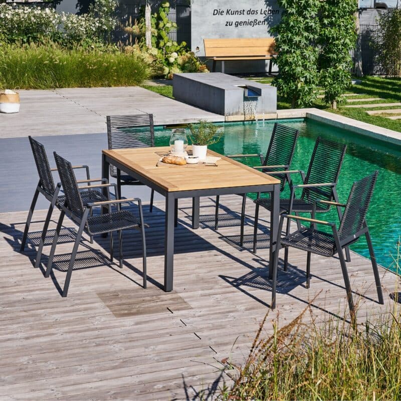 CASA DOMA "Mineo/Ugento" Gartenmöbel-Set 7-tlg., Gestelle Edelstahl anthrazit, Sitzfläche Rope anthrazit, Armlehnen Teak, Tischplatte Teak, 160/220x90 cm