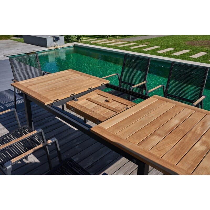 CASA DOMA "Mineo/Ugento" Gartenmöbel-Set 7-tlg., Gestelle Edelstahl anthrazit, Sitzfläche Rope anthrazit, Armlehnen Teak, Tischplatte Teak, 160/220x90 cm