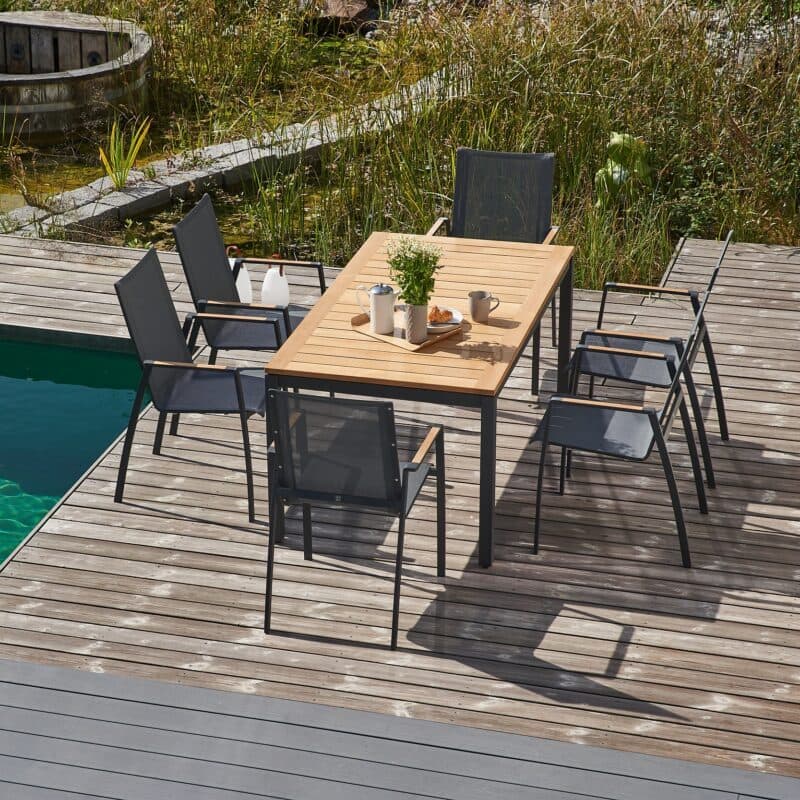 CASA DOMA "Mineo/Ugento" Gartenmöbel-Set 7-tlg., Gestelle Edelstahl anthrazit, Sitzfläche Sunproof® Sling schwarz/silber, Armlehnen Teak, Tischplatte Teak, 160/220x90 cm