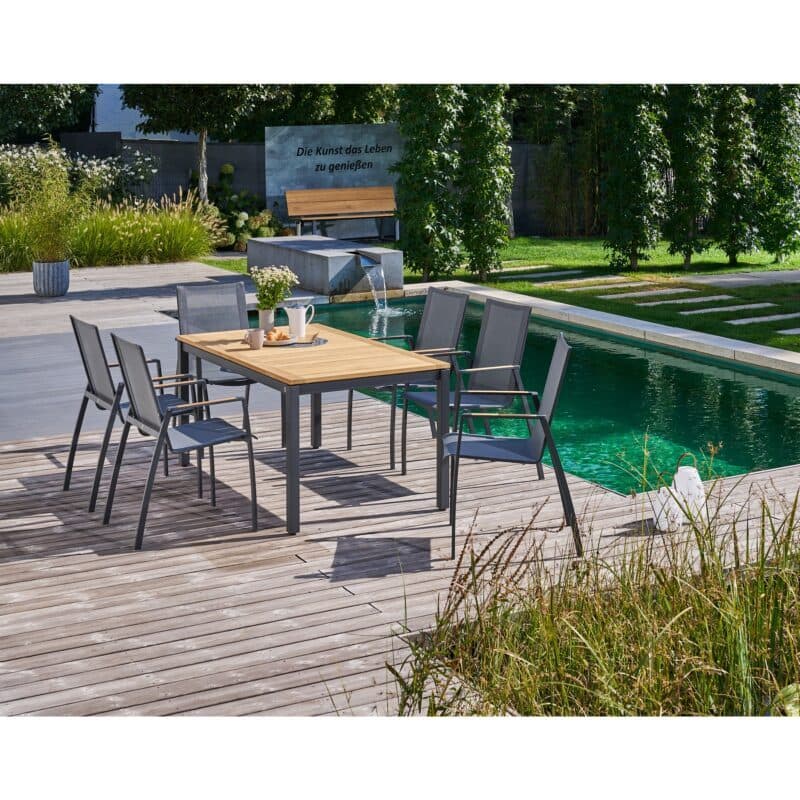 CASA DOMA "Mineo/Ugento" Gartenmöbel-Set 7-tlg., Gestelle Edelstahl anthrazit, Sitzfläche Sunproof® Sling schwarz/silber, Armlehnen Teak, Tischplatte Teak, 160/220x90 cm