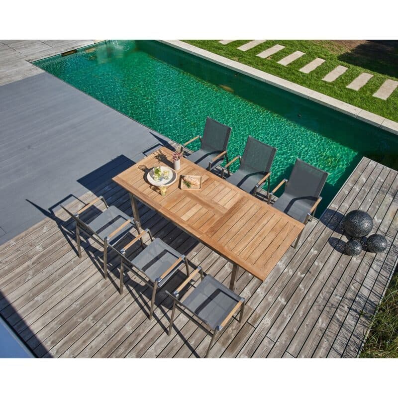 CASA DOMA "Mineo/Ugento" Gartenmöbel-Set 7-tlg., Gestelle Edelstahl gebürstet, Sitzfläche Sunproof® Sling schwarz/silber, Armlehnen Teak, Tischplatte Teak, 160/220x90 cm