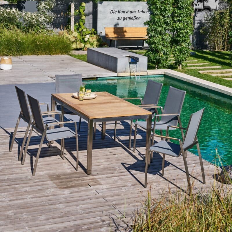 CASA DOMA "Mineo/Ugento" Gartenmöbel-Set 7-tlg., Gestelle Edelstahl gebürstet, Sitzfläche Sunproof® Sling schwarz/silber, Armlehnen Teak, Tischplatte Teak, 160/220x90 cm