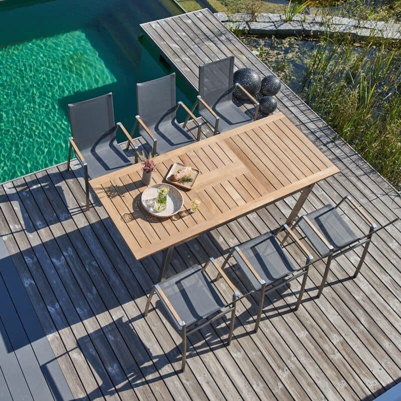 CASA DOMA "Mineo/Ugento" Gartenmöbel-Set 7-tlg., Gestelle Edelstahl gebürstet, Sitzfläche Sunproof® Sling schwarz/silber, Armlehnen Teak, Tischplatte Teak, 160/220x90 cm