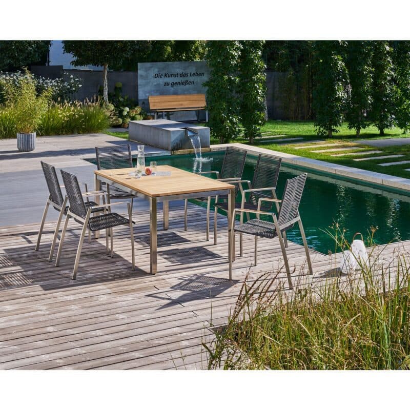 CASA DOMA "Mineo/Ugento" Gartenmöbel-Set 7-tlg., Gestelle Edelstahl gebürstet, Sitzfläche Rope anthrazit, Armlehnen Teak, Tischplatte Teak, 160/220x90 cm