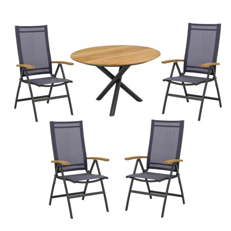 CASA DOMA "Mineo/Perano" Gartenmöbel-Set 5-tlg., Gestelle Edelstahl anthrazit, Sitzfläche Sunproof® Sling schwarz/silber, Armlehnen Teak, Tischplatte Teak, Ø 120 cm