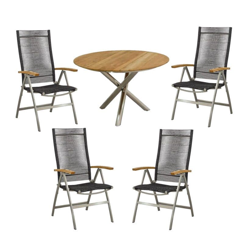 CASA DOMA "Mineo/Perano" Gartenmöbel-Set 5-tlg., Gestelle Edelstahl gebürstet, Sitzfläche Rope anthrazit, Armlehnen Teak, Tischplatte Teak, Ø 120 cm