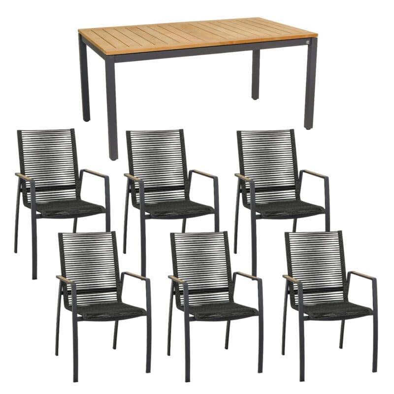 CASA DOMA "Mineo/Ugento" Gartenmöbel-Set 7-tlg., Gestelle Edelstahl anthrazit, Sitzfläche Rope anthrazit, Armlehnen Teak, Tischplatte Teak, 160/220x90 cm