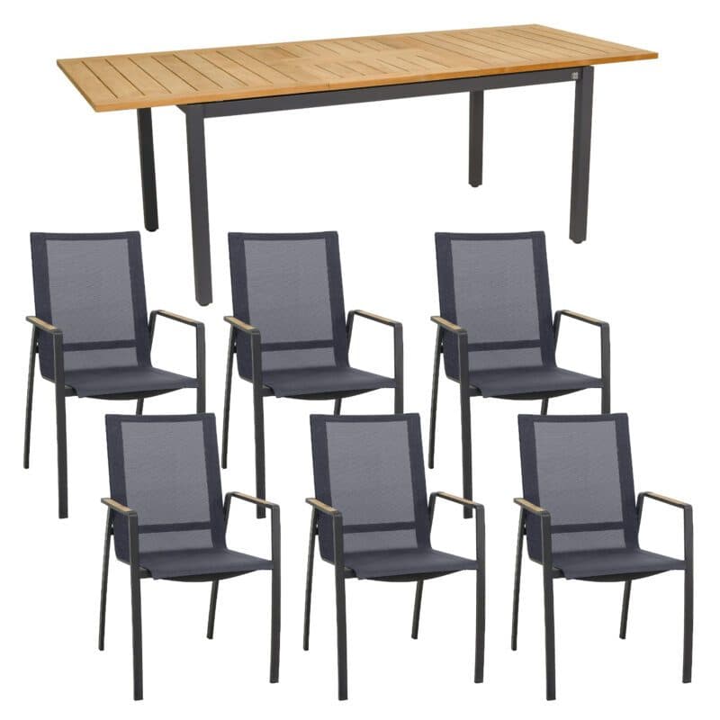 CASA DOMA "Mineo/Ugento" Gartenmöbel-Set 7-tlg., Gestelle Edelstahl anthrazit, Sitzfläche Sunproof® Sling schwarz/silber, Armlehnen Teak, Tischplatte Teak, 160/220x90 cm