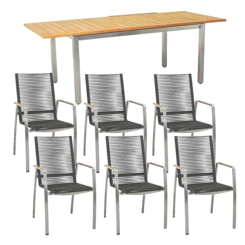 CASA DOMA "Mineo/Ugento" Gartenmöbel-Set 7-tlg., Gestelle Edelstahl gebürstet, Sitzfläche Rope anthrazit, Armlehnen Teak, Tischplatte Teak, 160/220x90 cm