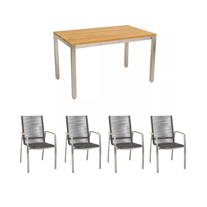CASA DOMA "Mineo/Varano" Gartenmöbel-Set 5-tlg., Gestelle Edelstahl gebürstet, Sitzfläche Rope anthrazit, Armlehnen Teak, Tischplatte Teak, 130x80 cm