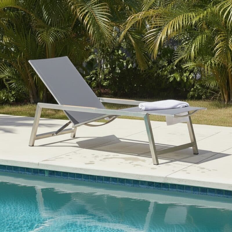 CASA DOMA "Mineo" Move Sonnenliege, Edelstahl gebürstet, Sunproof® Sling schwarz/silber, Armlehnen Teak (Bild KI-generiert)