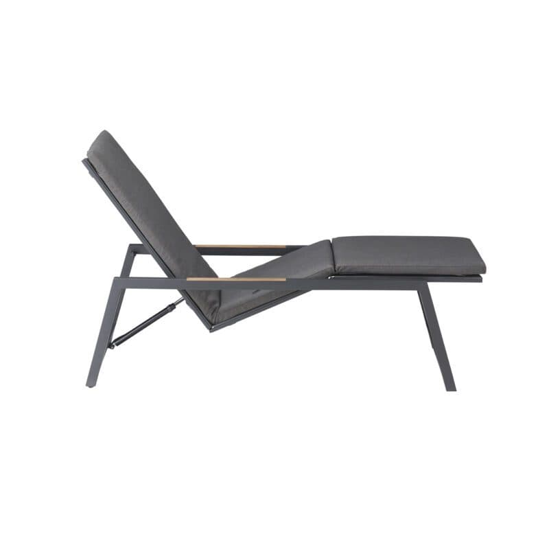 CASA DOMA "Mineo" Move Sonnenliege, Gestell Edelstahl anthrazit, Textilgewebe Sunproof® Sling schwarz/silber, Armlehnen Teak, hier mit Auflage Arashi grau