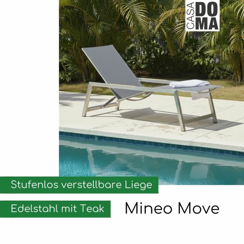 CASA DOMA "Mineo" Move Sonnenliege, Edelstahl mit Teak-Armlehnen (Bild KI-generiert)